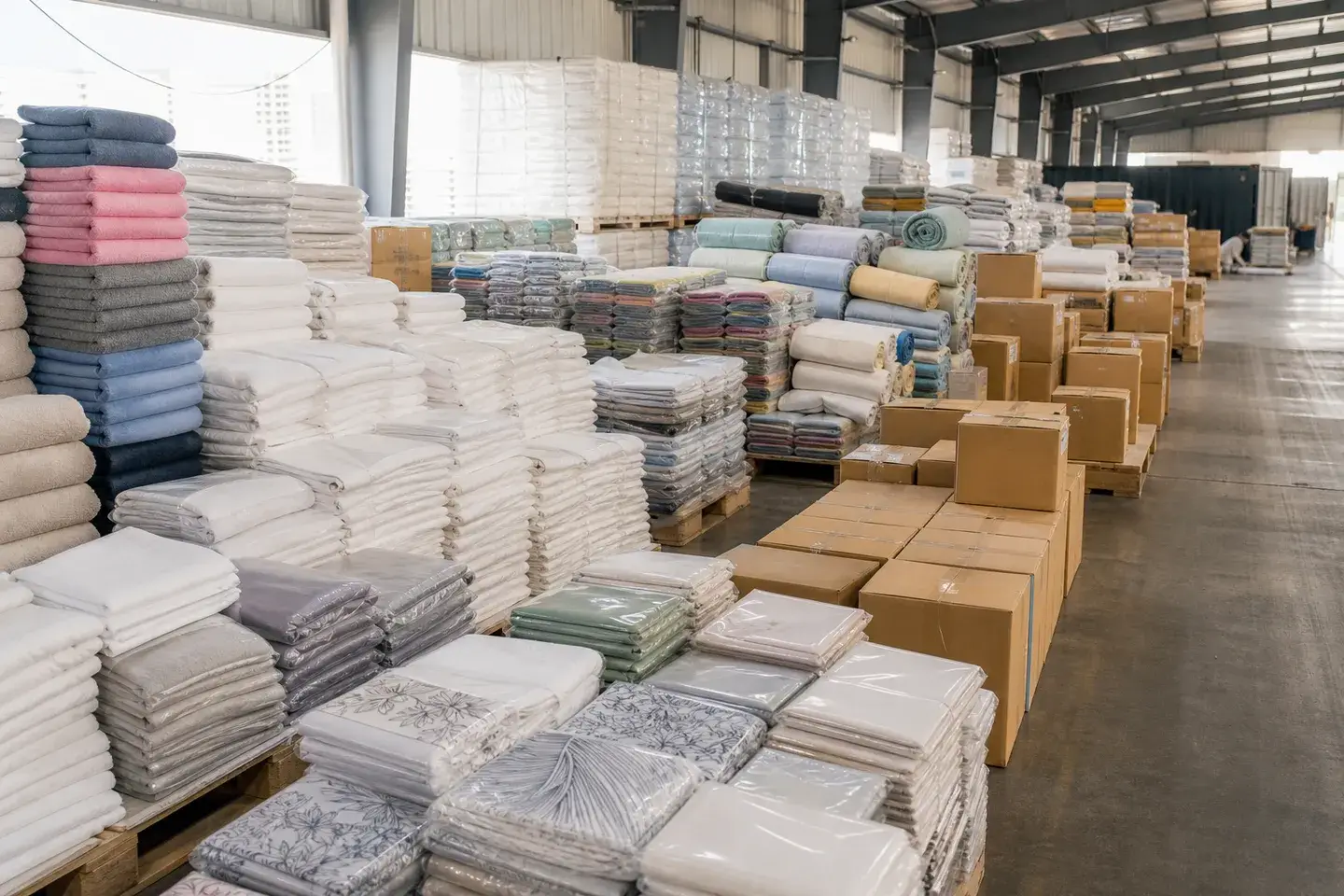 Textile swatches, folded linen, a measuring tape and an inspection tag — textile sourcing coordinated by NOVRIN TEXTILES in Pakistan